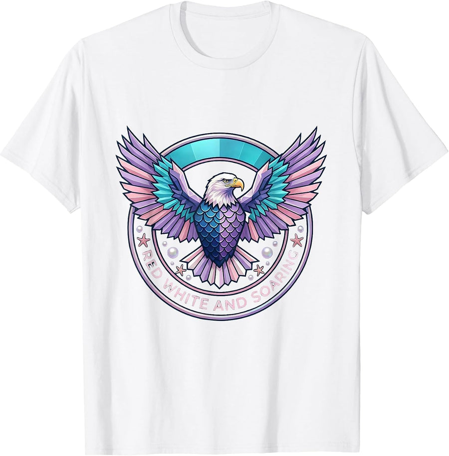 Men's American Flag Eagle Red White and Soaring Design T-Shirt - White