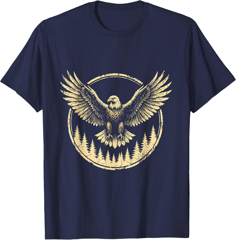 Eagle Soaring Over Camo Treetops Graphic T-Shirt - Navy Blue