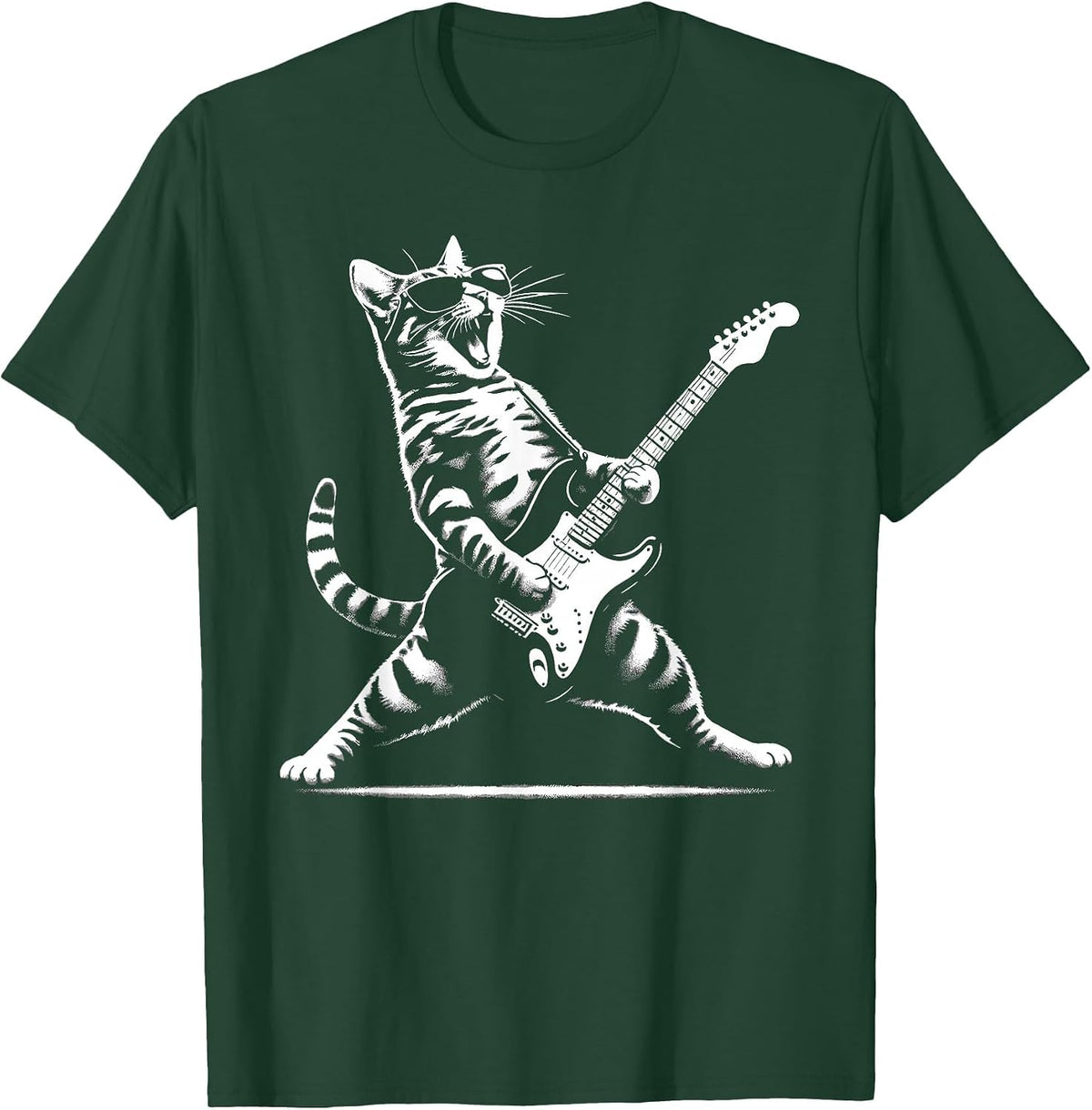 Guitar Cat Novelty Rock Music Band Concert Funny Cat T-Shirt - Dark Green