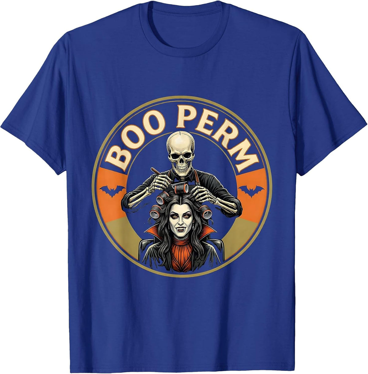 Men's Boo Perm Funny Skeleton Hairstylist Halloween Barber Humor T-Shirt - Royal Blue