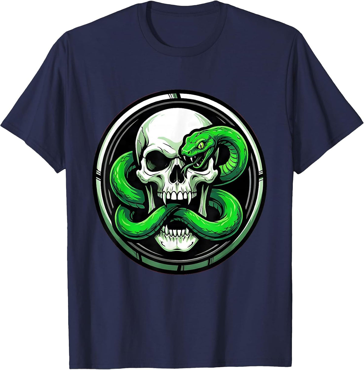 Serpent Coiled Skull Gothic Dark Art Design T-Shirt - Navy Blue