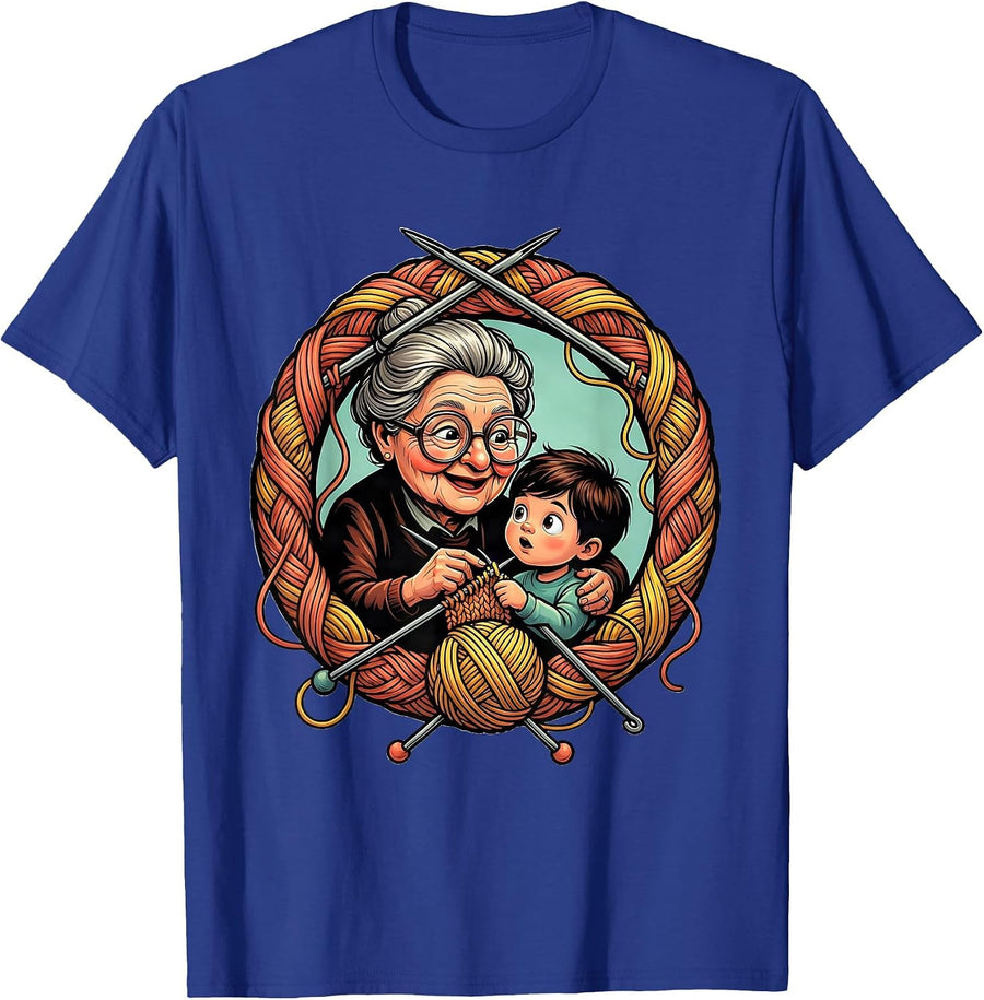 Knitting Together Aunt and Child Illustration T-Shirt - Royal Blue