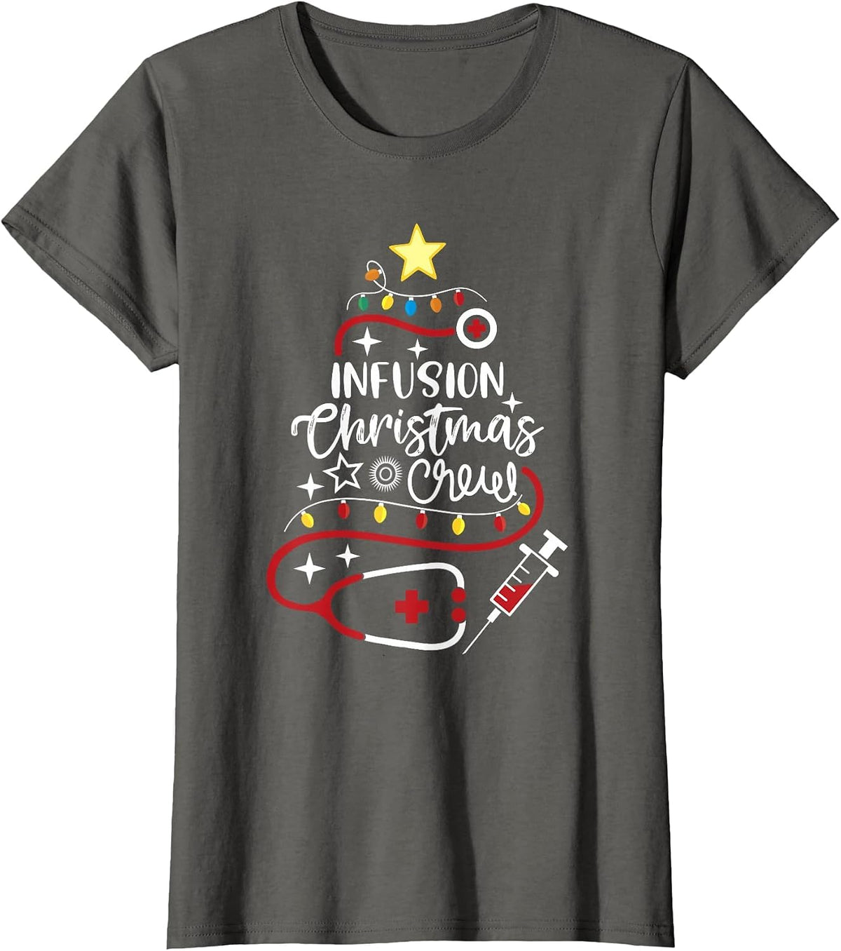 Infusion Nurse Techs Chemotherapy Infusion Christmas Crew T-Shirt - Asphalt Grey
