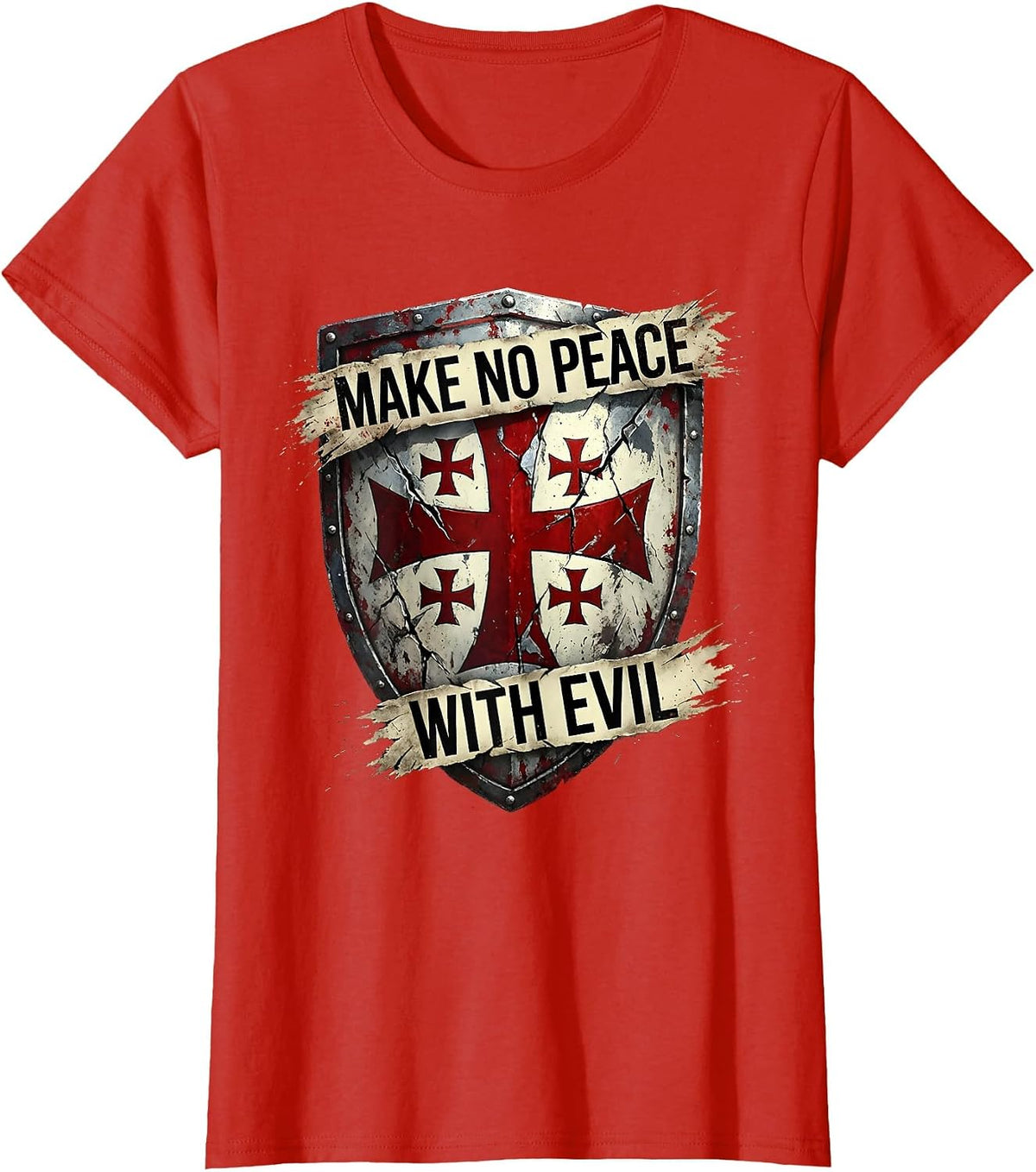 Make No Peace With Evil Jerusalem Cross Design T-Shirt - Red