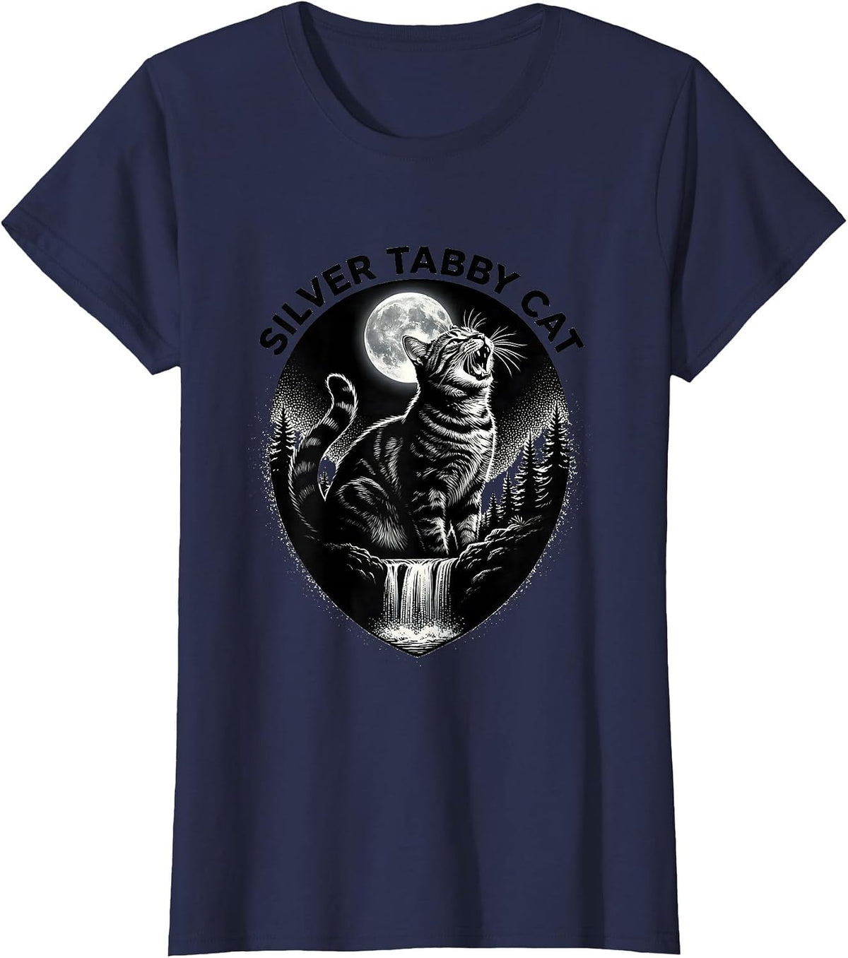 Women's Silver Tabby Cat Howling at Moon 90's Retro T-Shirt - Navy Blue