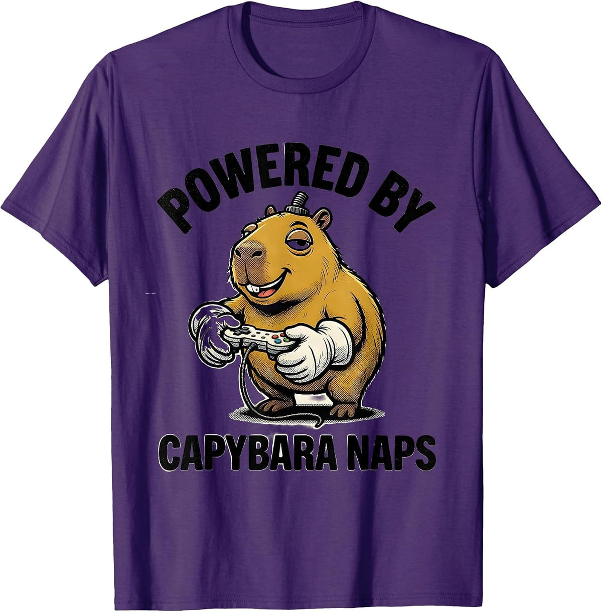 Powered By Capybara Naps Retro Cartoon Funny Gamer Meme T-Shirt - Purple