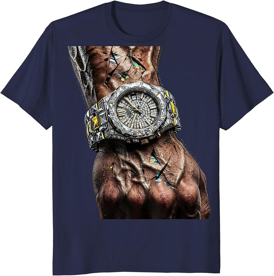 Diamond Watch Iced Out Wrist Hip Hop Graphic T-Shirt - Navy Blue