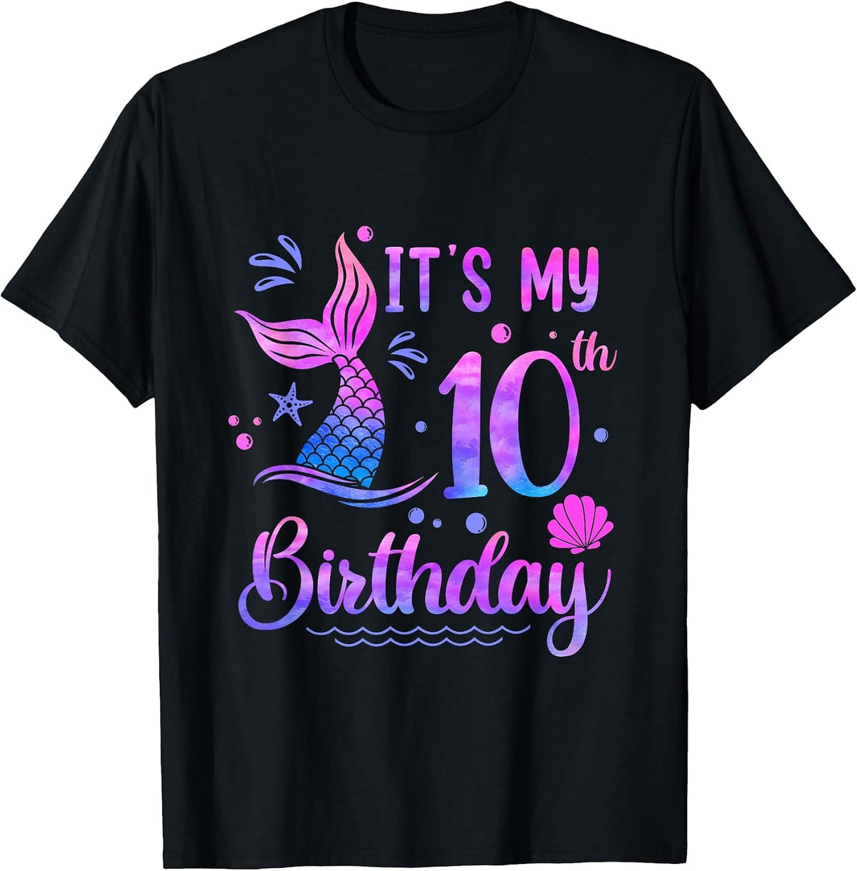 It's My 10th Birthday Mermaid Girl Theme Party 10 Years Old T-Shirt - Black