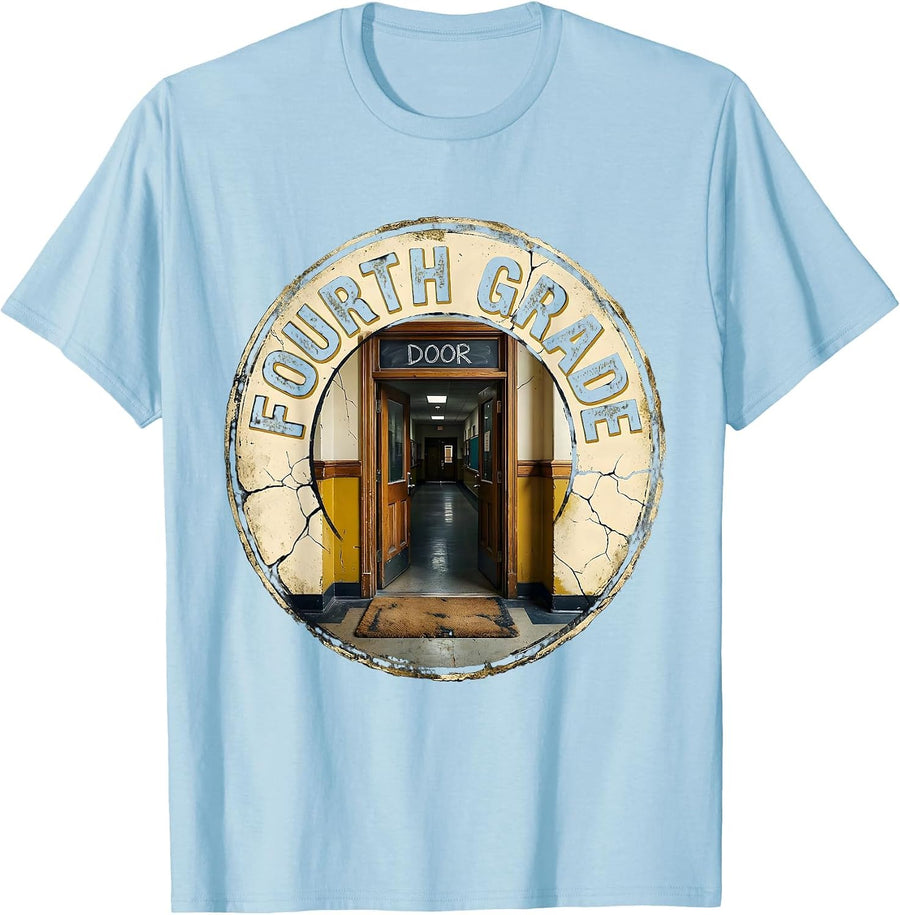 Men's Fourth Grade Door Distressed Retro Teacher Back To School T-Shirt - Baby Blue