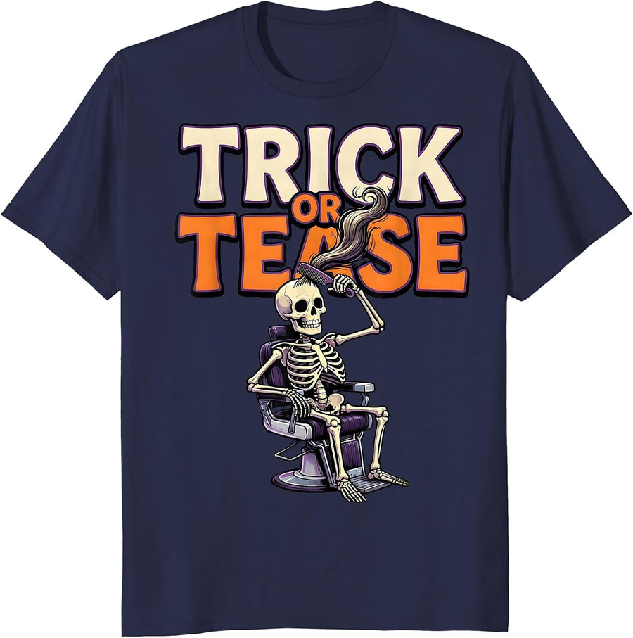 Trick Or Tease Cartoon Skeleton Hairstylist Halloween Humor T-Shirt - Navy Blue
