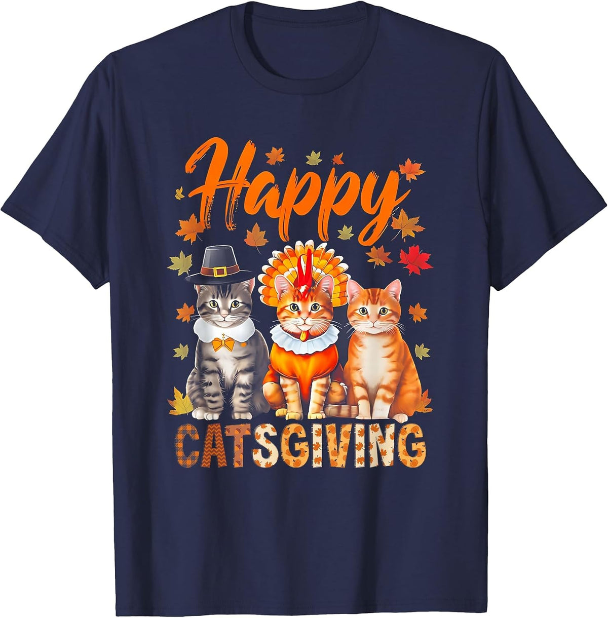 Happy Catsgiving Cute Thanksgiving Cat Wears Pilgrim Hat T-Shirt - Navy Blue