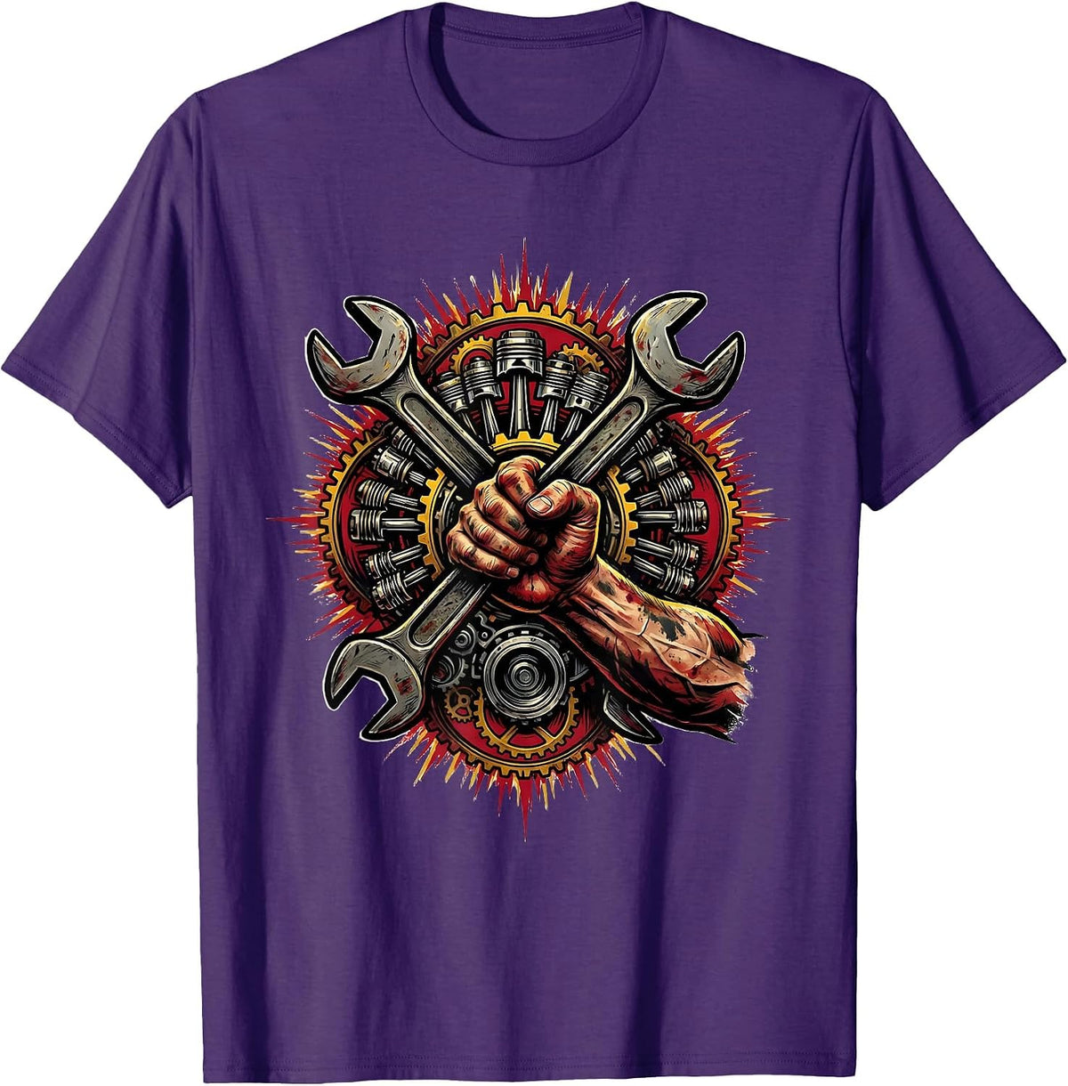 Men's Mechanic Peering Under Car Hood Illustration T-Shirt - Purple