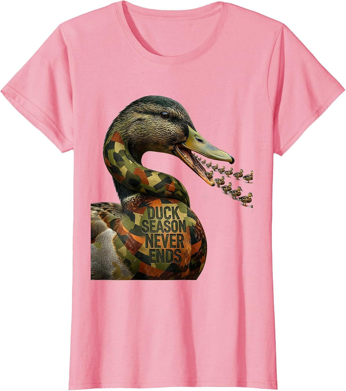 Women's Duck Camo Duck Season Never Ends Design T-Shirt - Pink