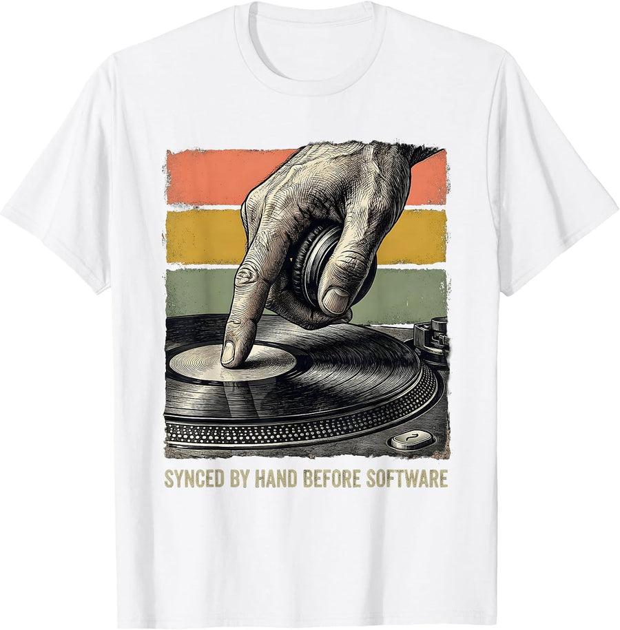 Men's Synced By Hand Before Software Retro DJ Gift Vintage T-Shirt - White