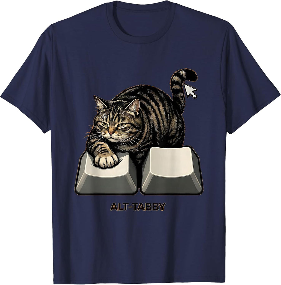 Alt-Tabby Cartoon Cat Gamer Humor Meme Design T-Shirt - Navy Blue