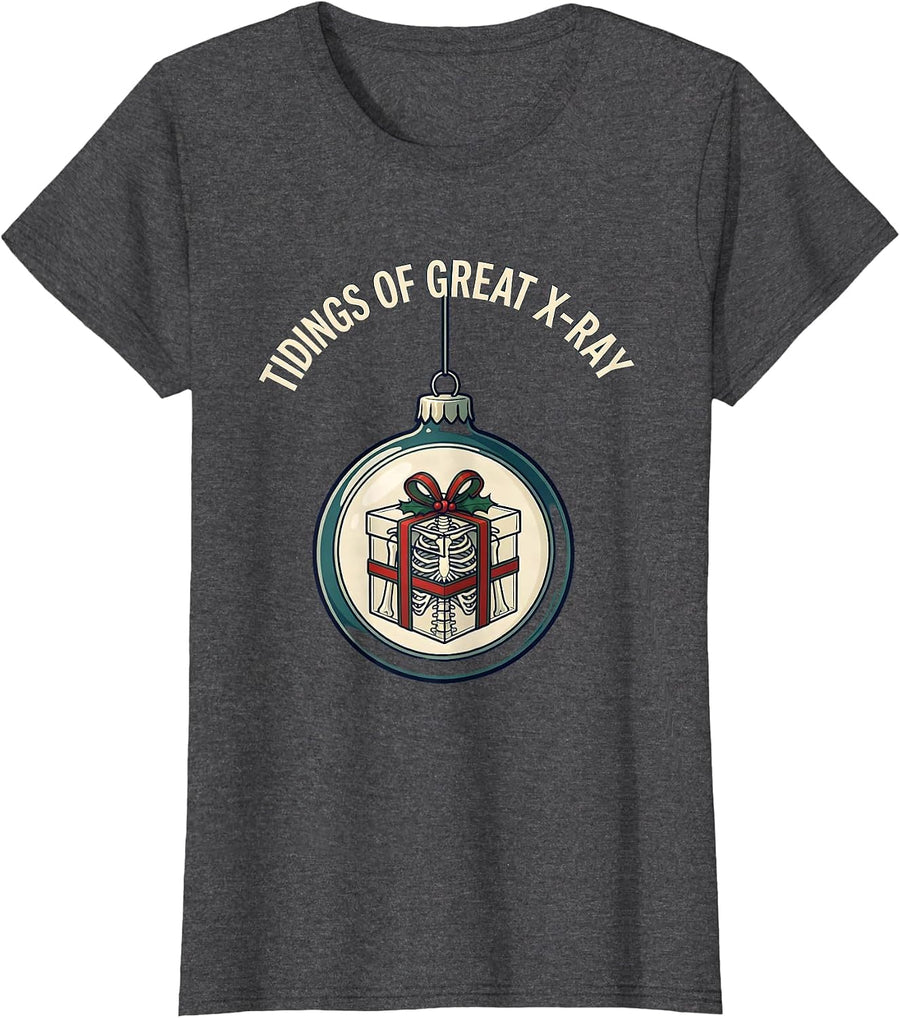 Women's Tidings Of Great X-Ray Funny Radiology Tech Christmas T-Shirt - Dark Heather Grey