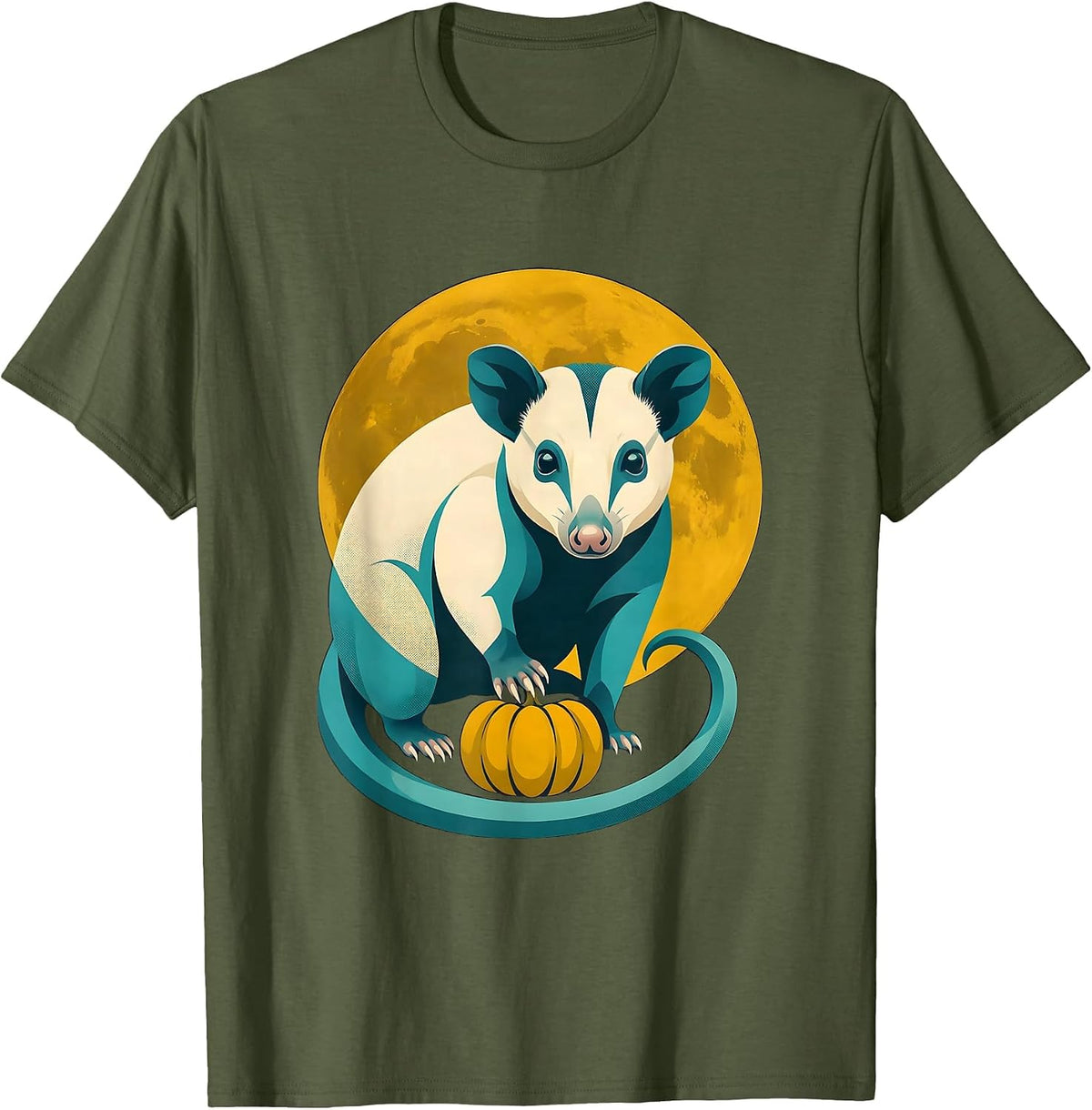 Men's Opossum Moon Halloween Vintage Creature Illustration T-Shirt - Olive Green