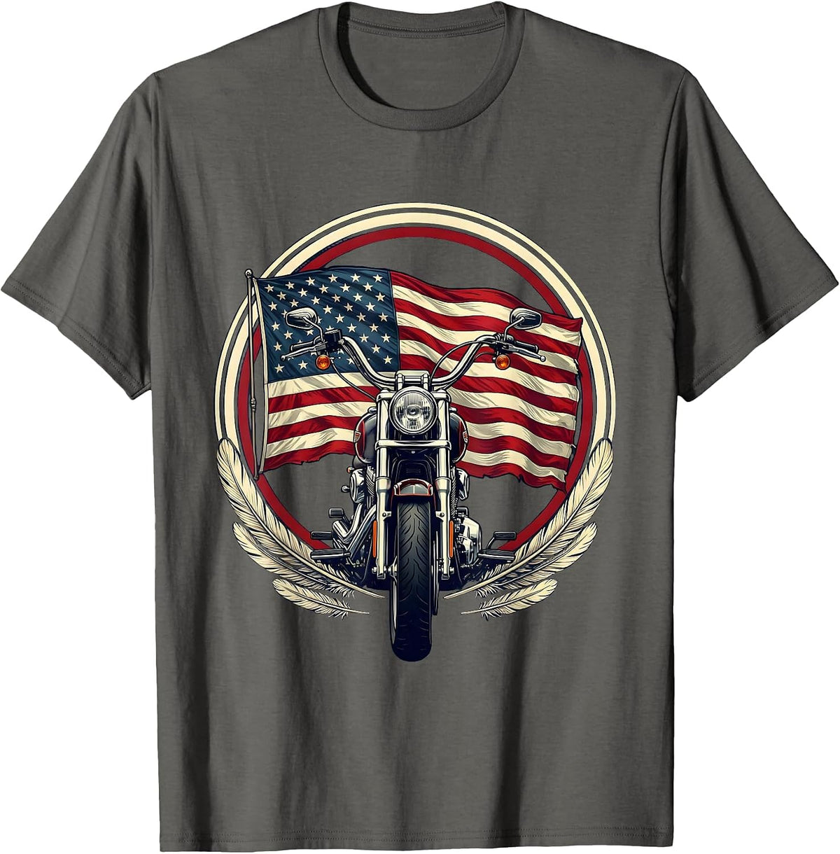 Vintage Motorcycle American Flag Patriotic Graphic T-Shirt - Asphalt Grey