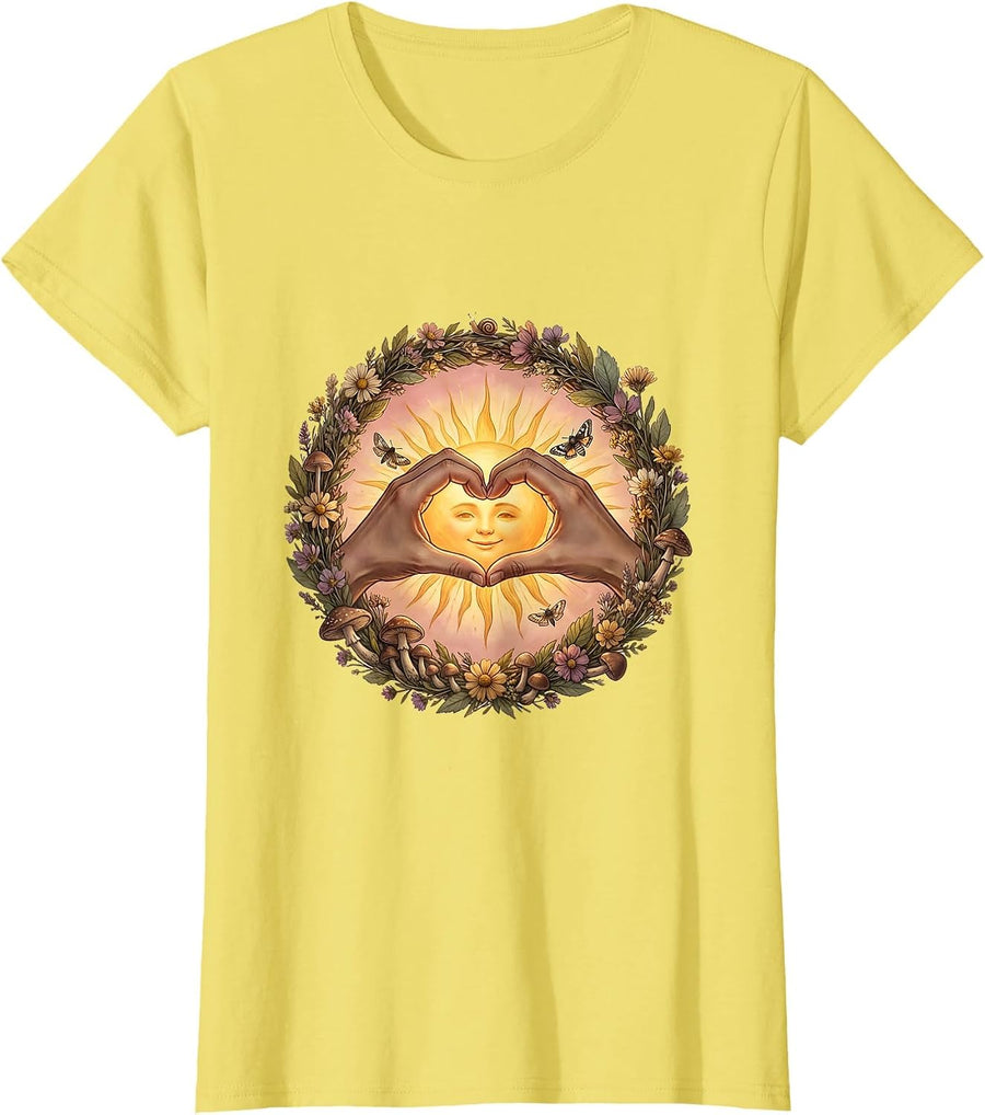 Women's Suicide Awareness Heart Hands Sunrise Graphic T-Shirt - Lemon Yellow