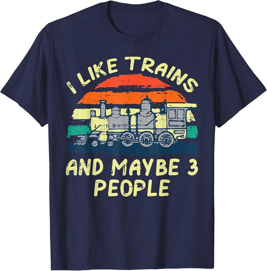 I Like Trains Maybe 3 People Funny Locomotive Men Boys Kids T-Shirt - Navy Blue