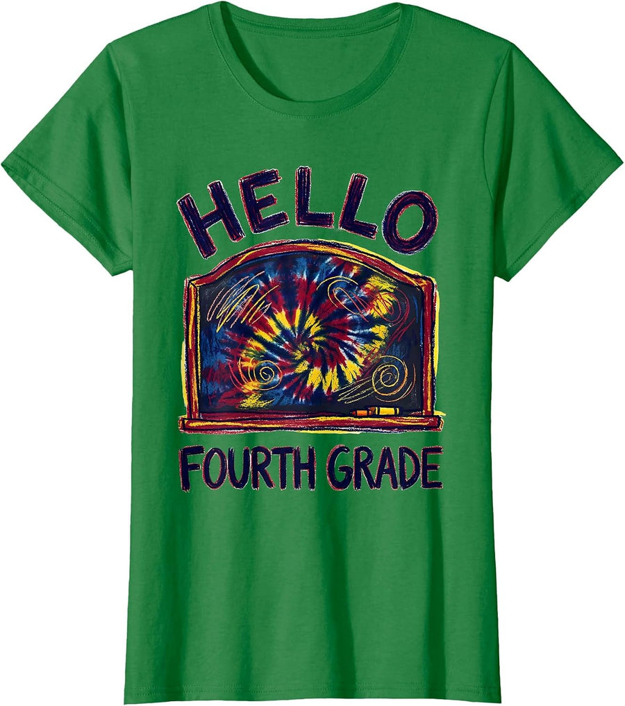 Women's Hello Fourth Grade Naive Kidcore Back To School Grade Level T-Shirt - Kelly Green