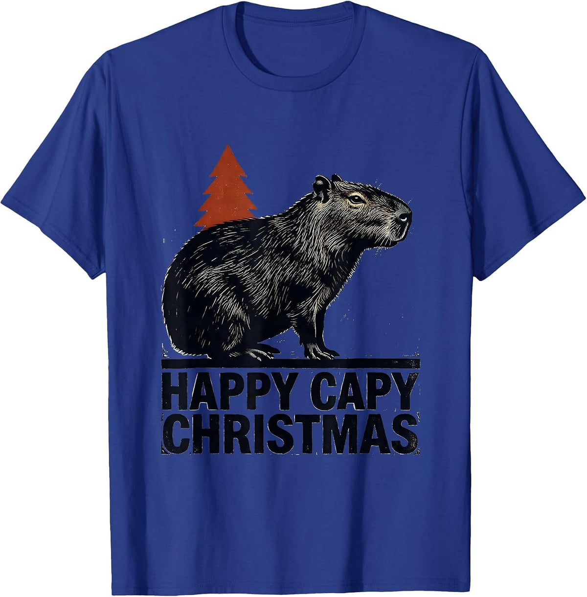 Men's Happy Capy Christmas Linocut Capybara Lover Family Humor T-Shirt - Royal Blue