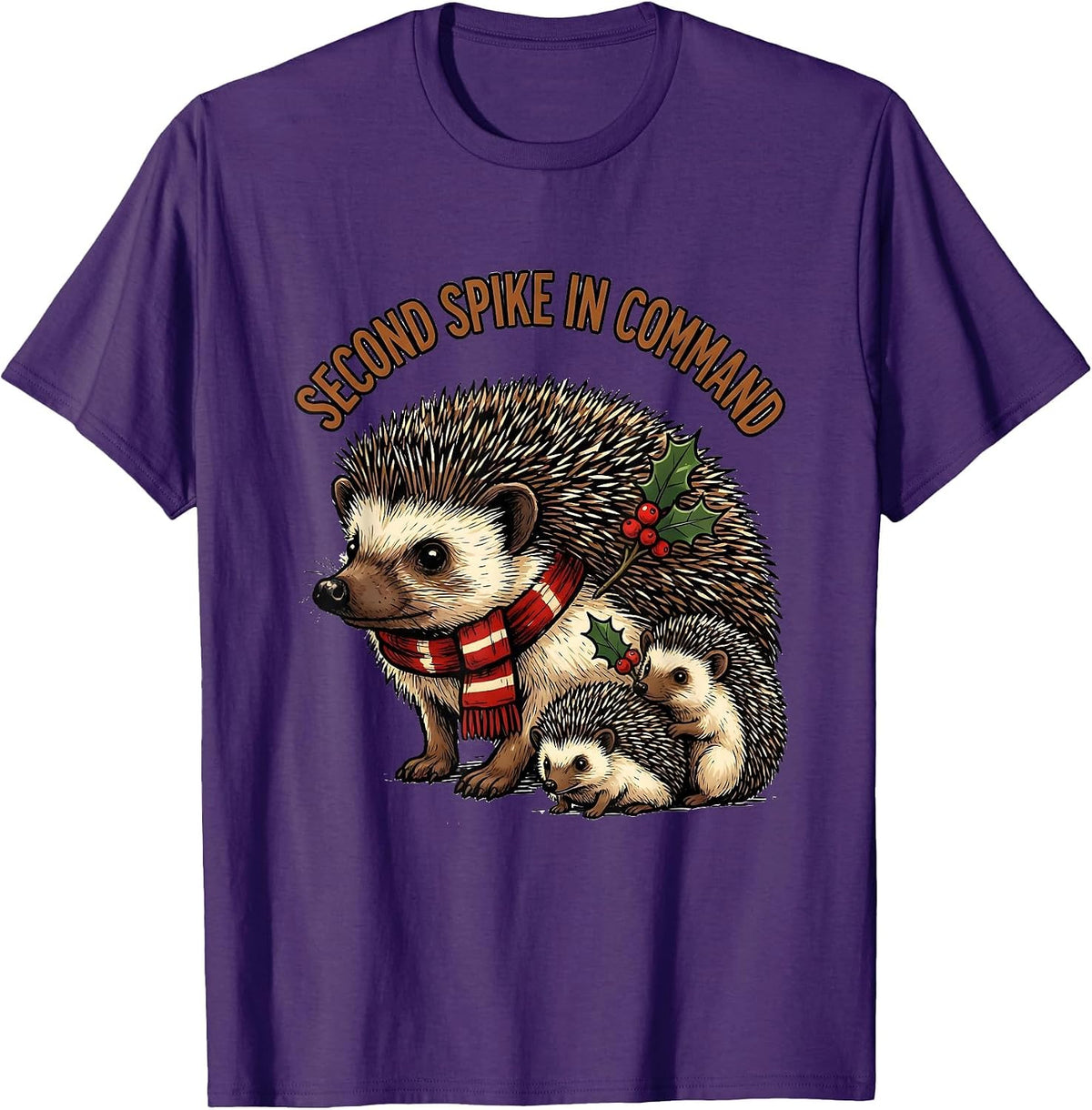 Men's Second Spike In Command Cute Hedgehog Christmas Novelty T-Shirt - Purple