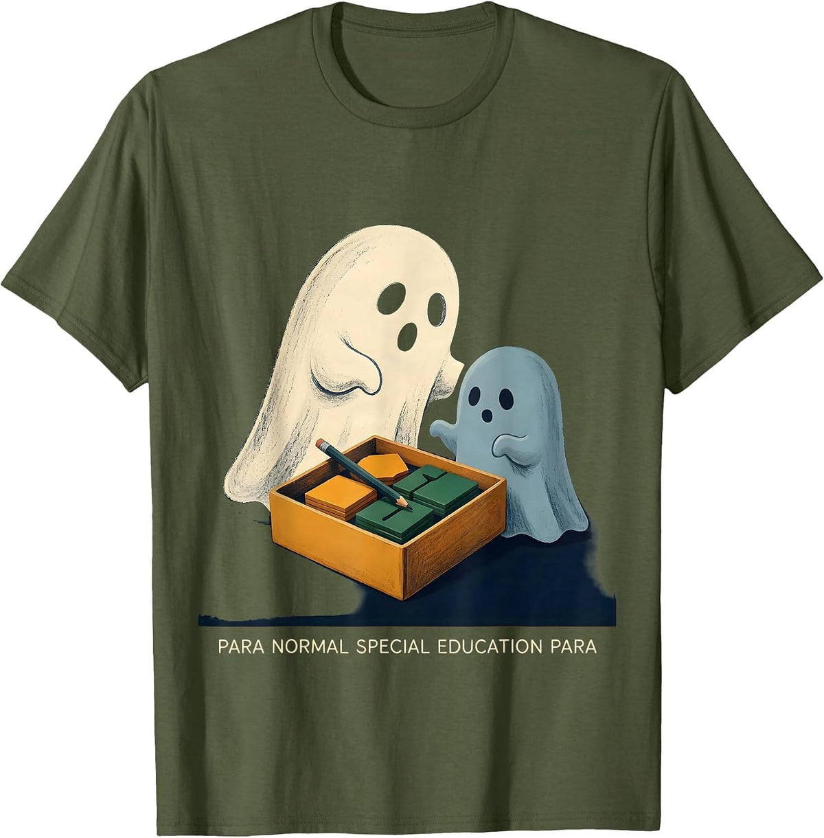 Men's Para Normal Special Education Para Ghost Halloween Teacher T-Shirt - Olive Green