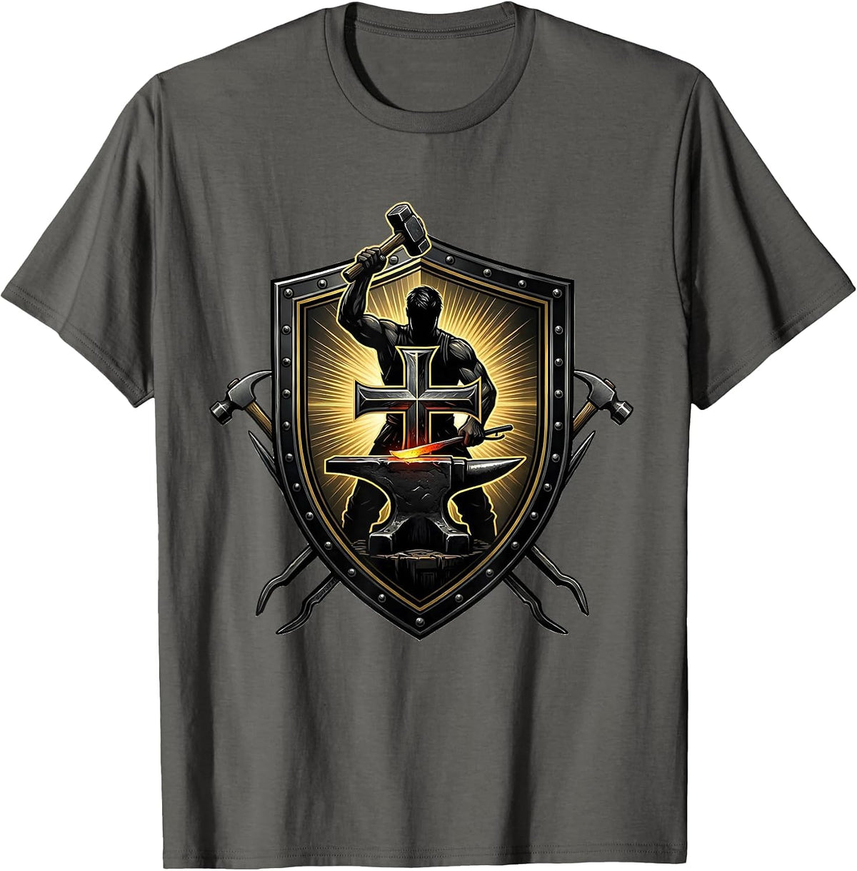 Blacksmith Iron Cross Anvil Christian Graphic T-Shirt - Asphalt Grey