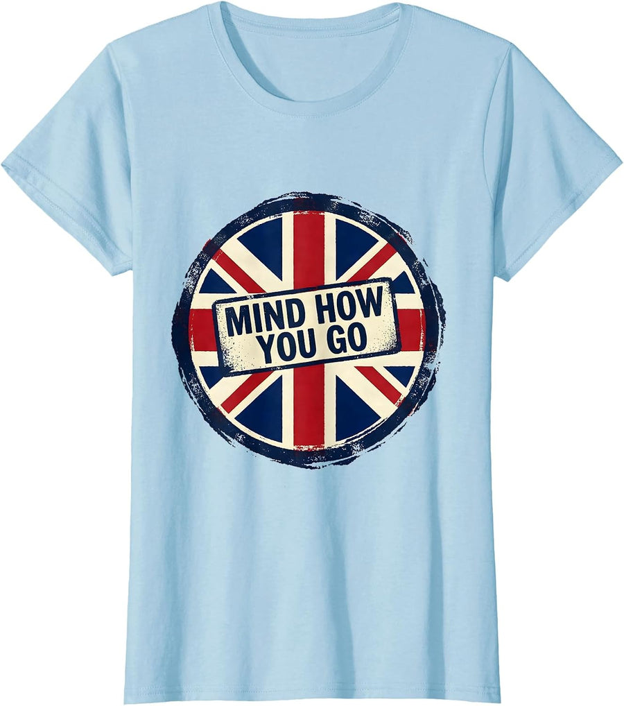 Women's Mind How You Go Rubber Stamp Union Jack British Flag T-Shirt - Baby Blue