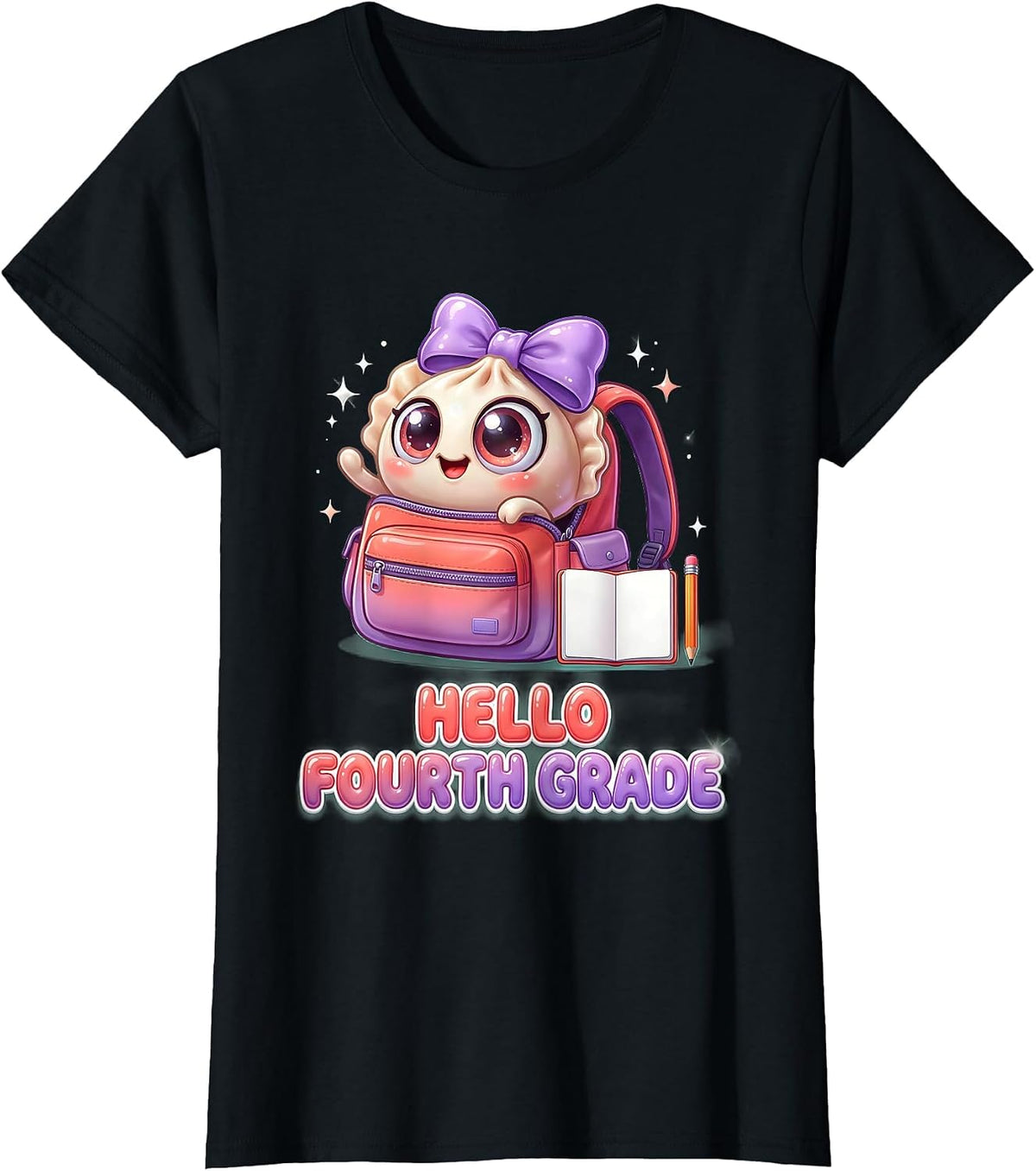 Women's Hello Fourth Grade Cute Dumpling Kawaii Back to School Girl T-Shirt - Black