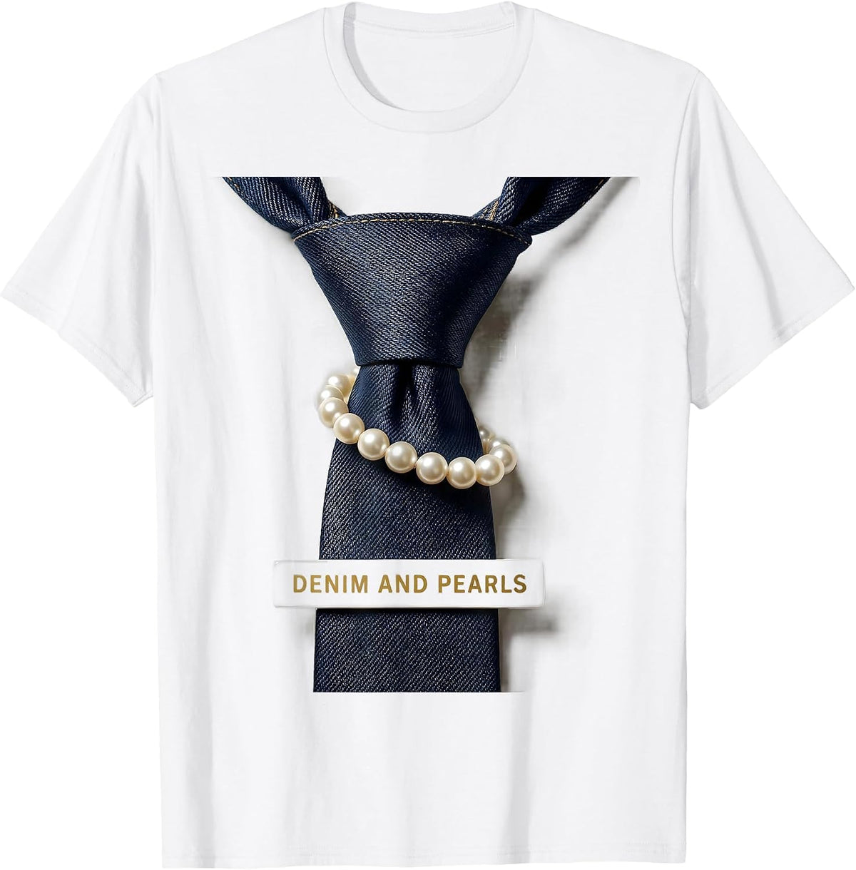 Men's Denim And Pearls Glam Vintage Fashion Party Gift T-Shirt - White