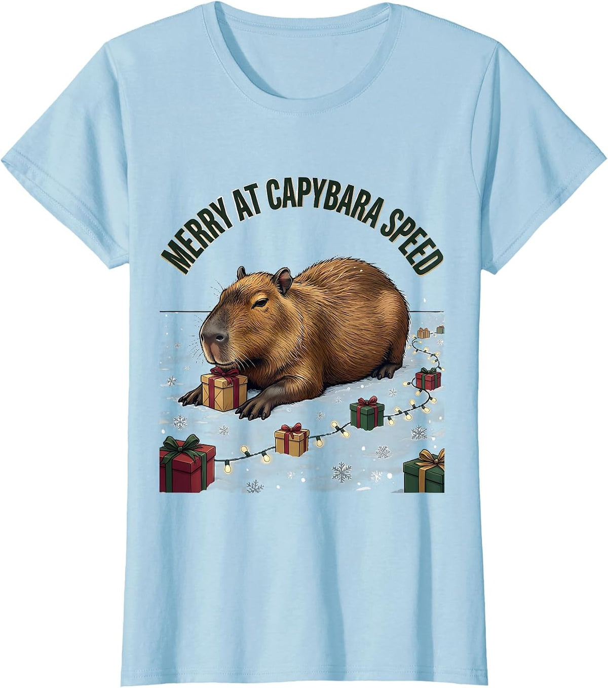 Women's Merry At Capybara Speed Cute Christmas Capybara Animal Lover T-Shirt - Baby Blue