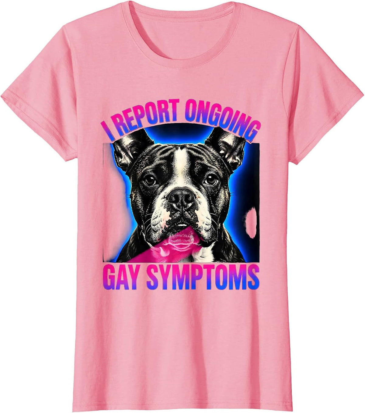 Women's I Report Ongoing Gay Symptoms Funny Bull Terrier Meme T-Shirt - Pink