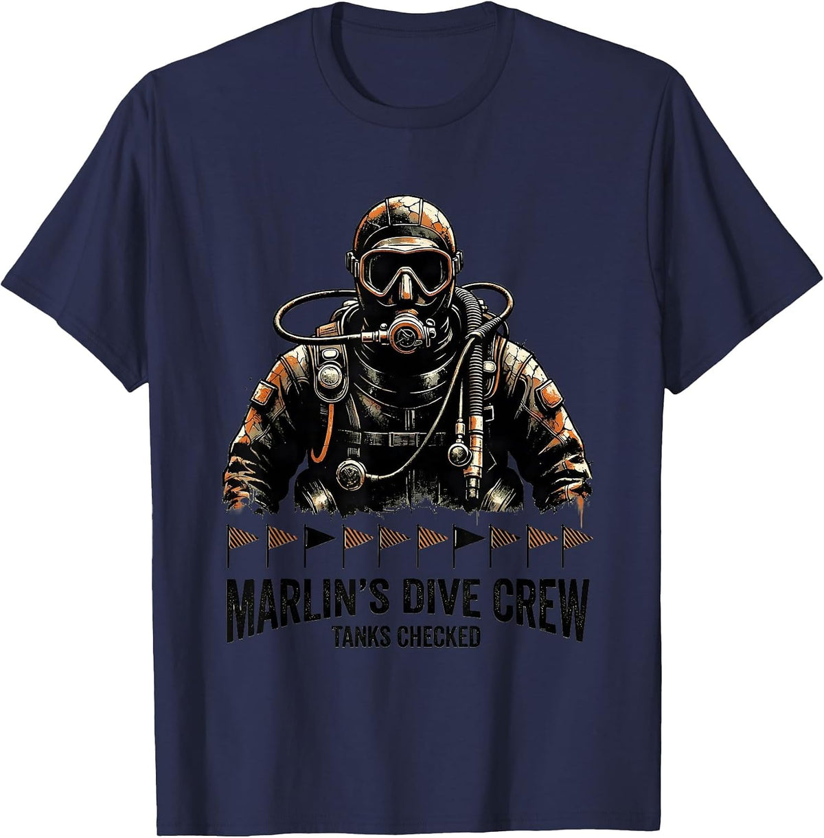 Marlin's Dive Crew Tanks Checked Distressed Scuba Diver T-Shirt - Navy Blue