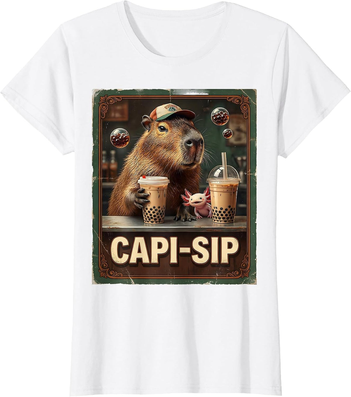 Capi-Sip Vintage Kawaii Capybara Boba Tea Anime Humor T-Shirt - White