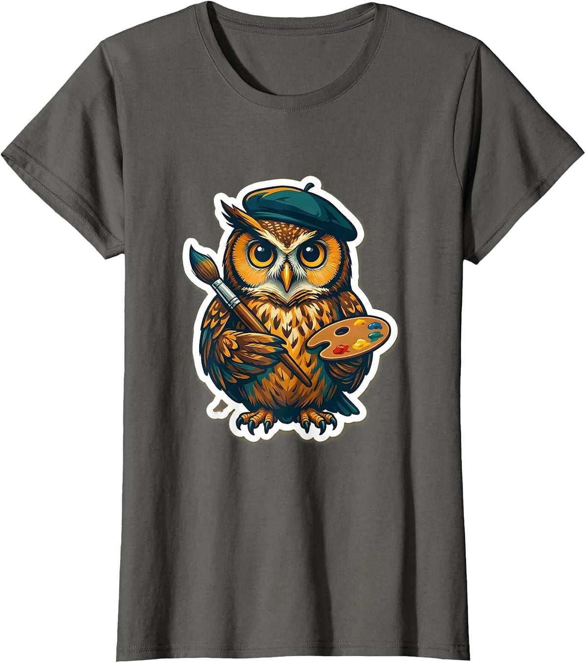 Women's Artistic Owl Painter Beret Paintbrush Design T-Shirt - Asphalt Grey