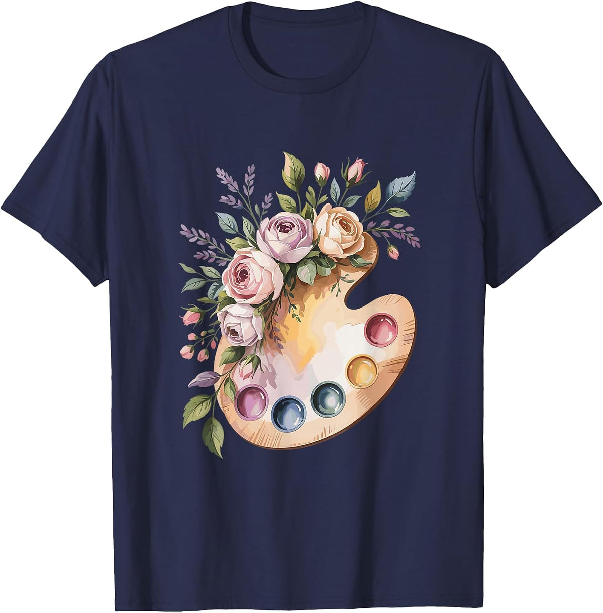 Floral Paint Palette Flower Art Teacher Artist Lover T-Shirt - Navy Blue