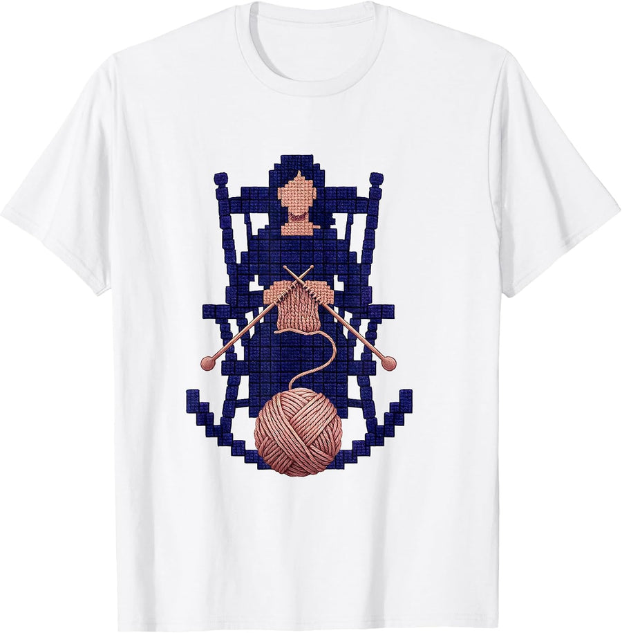 Men's Grandma Knitting in Rocking Chair Illustration T-Shirt - White