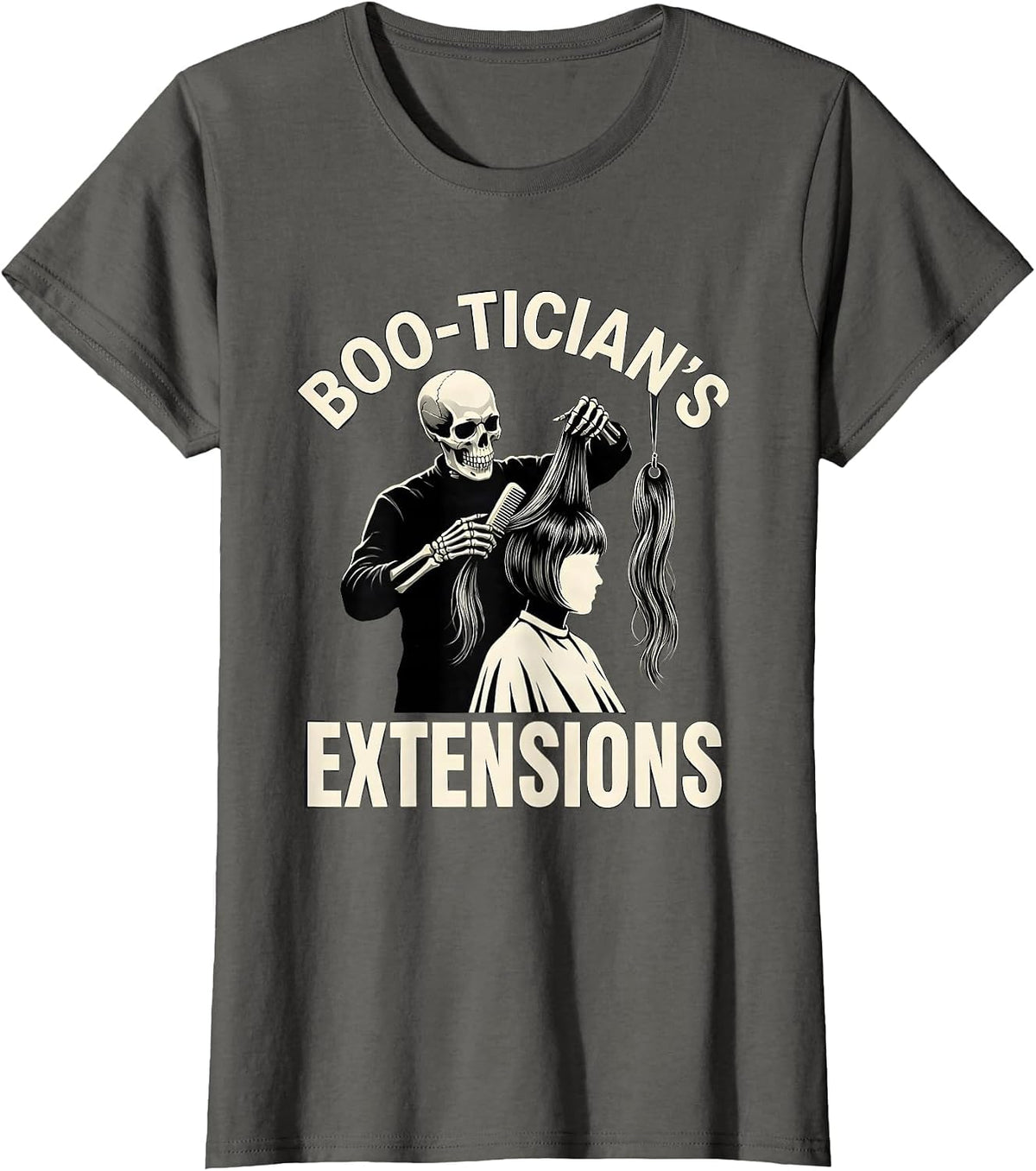 Women's Boo-tician's Extensions Skeleton Hairstylist Halloween Humor T-Shirt - Asphalt Grey