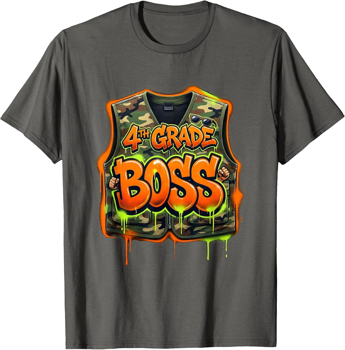 Men's 4TH GRADE BOSS Graffiti Camo Fourth Grade Back To School T-Shirt - Asphalt Grey
