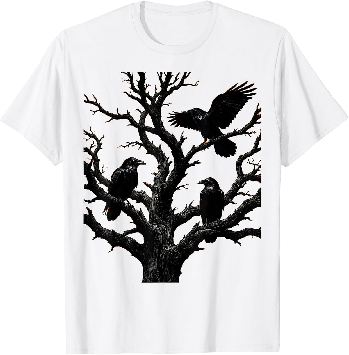 Men's Boys Halloween Ravens on Twisted Dead Tree T-Shirt - White