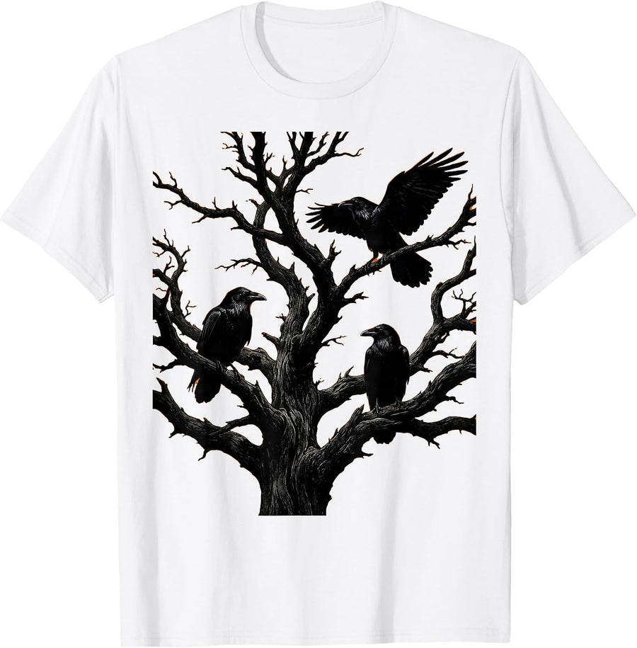 Men's Boys Halloween Ravens on Twisted Dead Tree T-Shirt - White