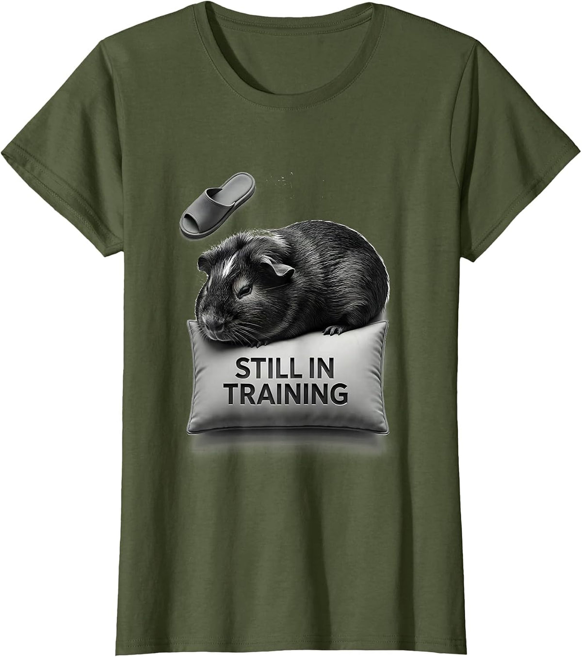 Women's Still In Training Funny Sleepy Guinea Pig Pajama Pet Lover T-Shirt - Olive Green