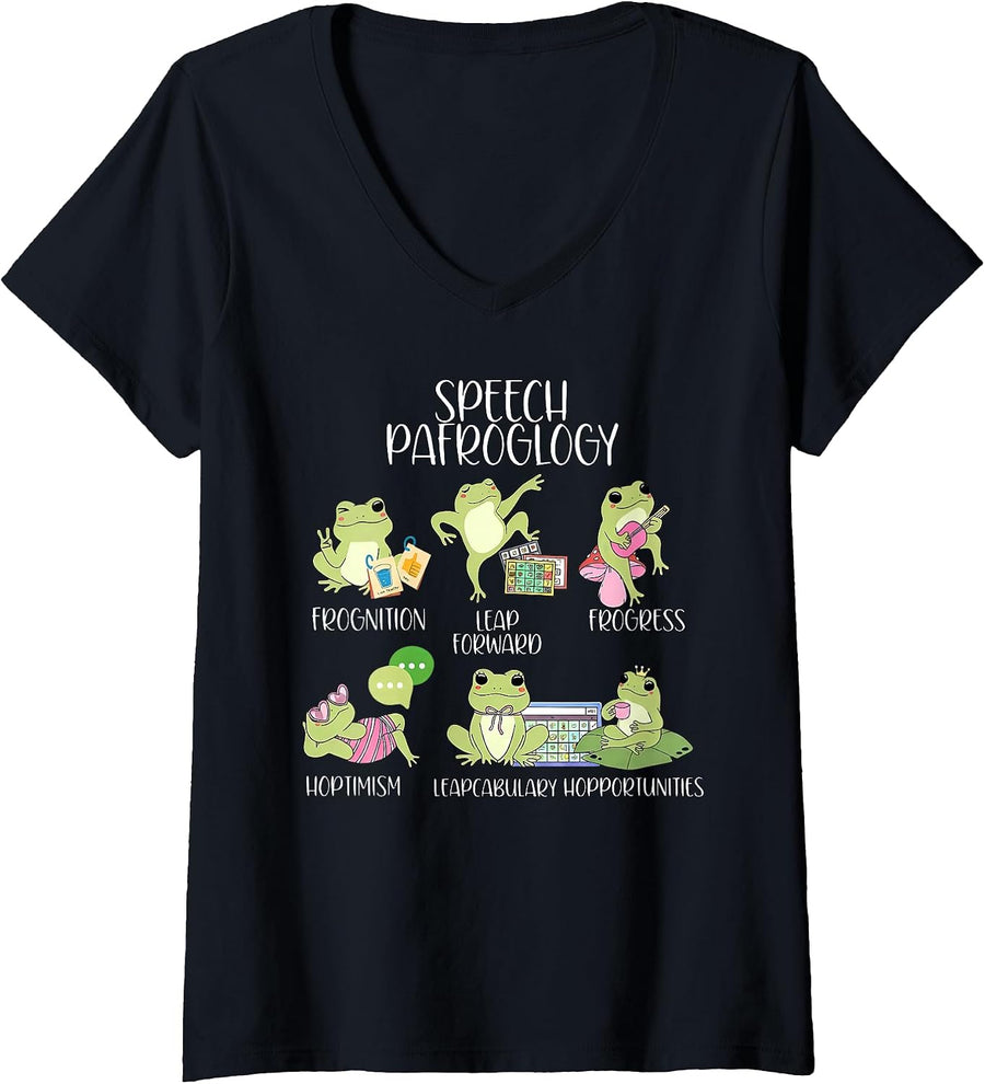 Women's Speech Pafroglogy Frog Speech Therapy SLP Speech Therapist V-Neck T-Shirt - As Pictured