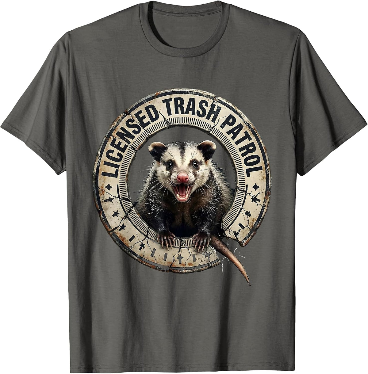 Licensed Trash Patrol Distressed Funny Opossum Meme T-Shirt - Asphalt Grey