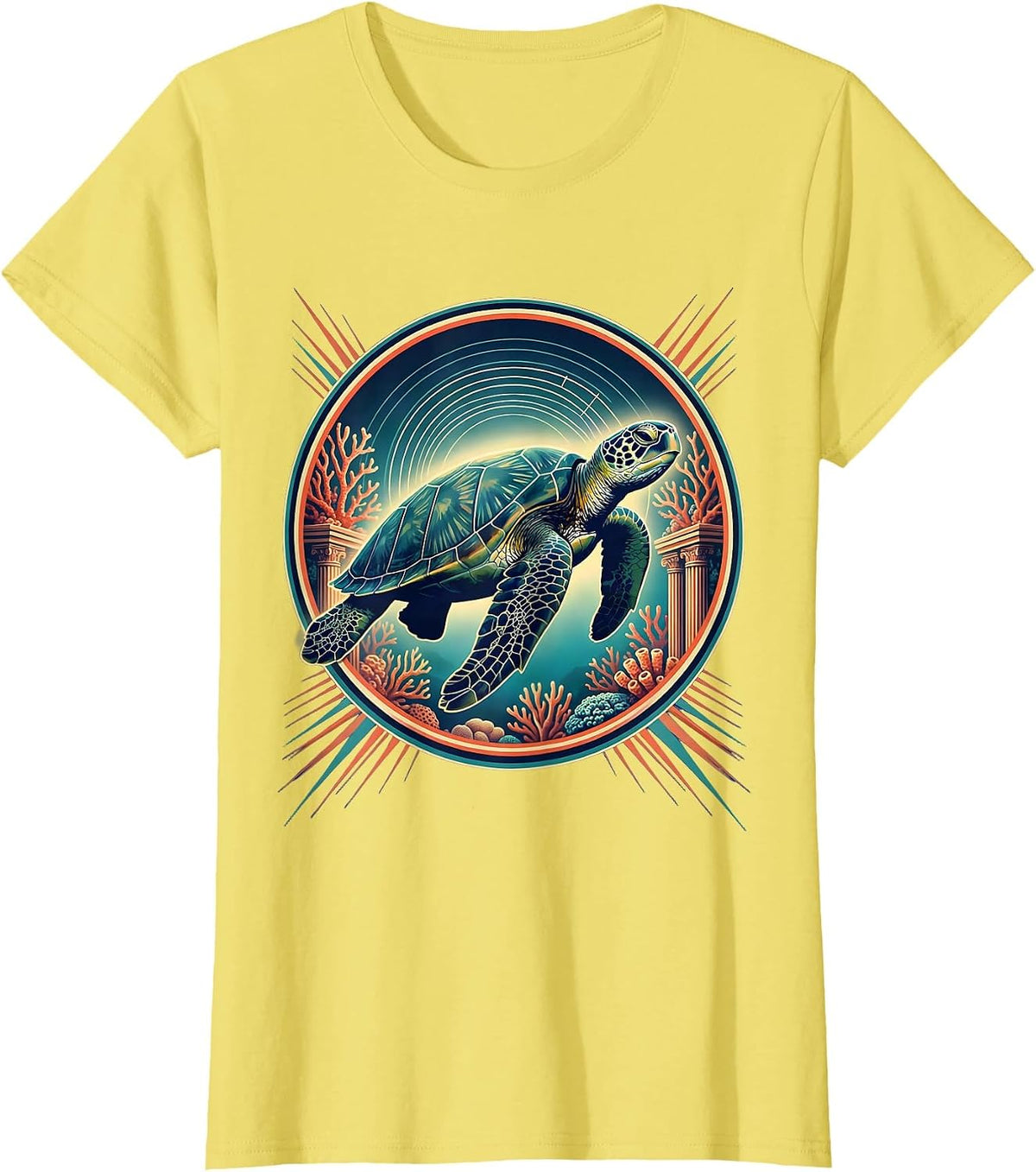 Women's Puerto Rico Sea Turtle Coral Reef Illustration T-Shirt - Lemon Yellow
