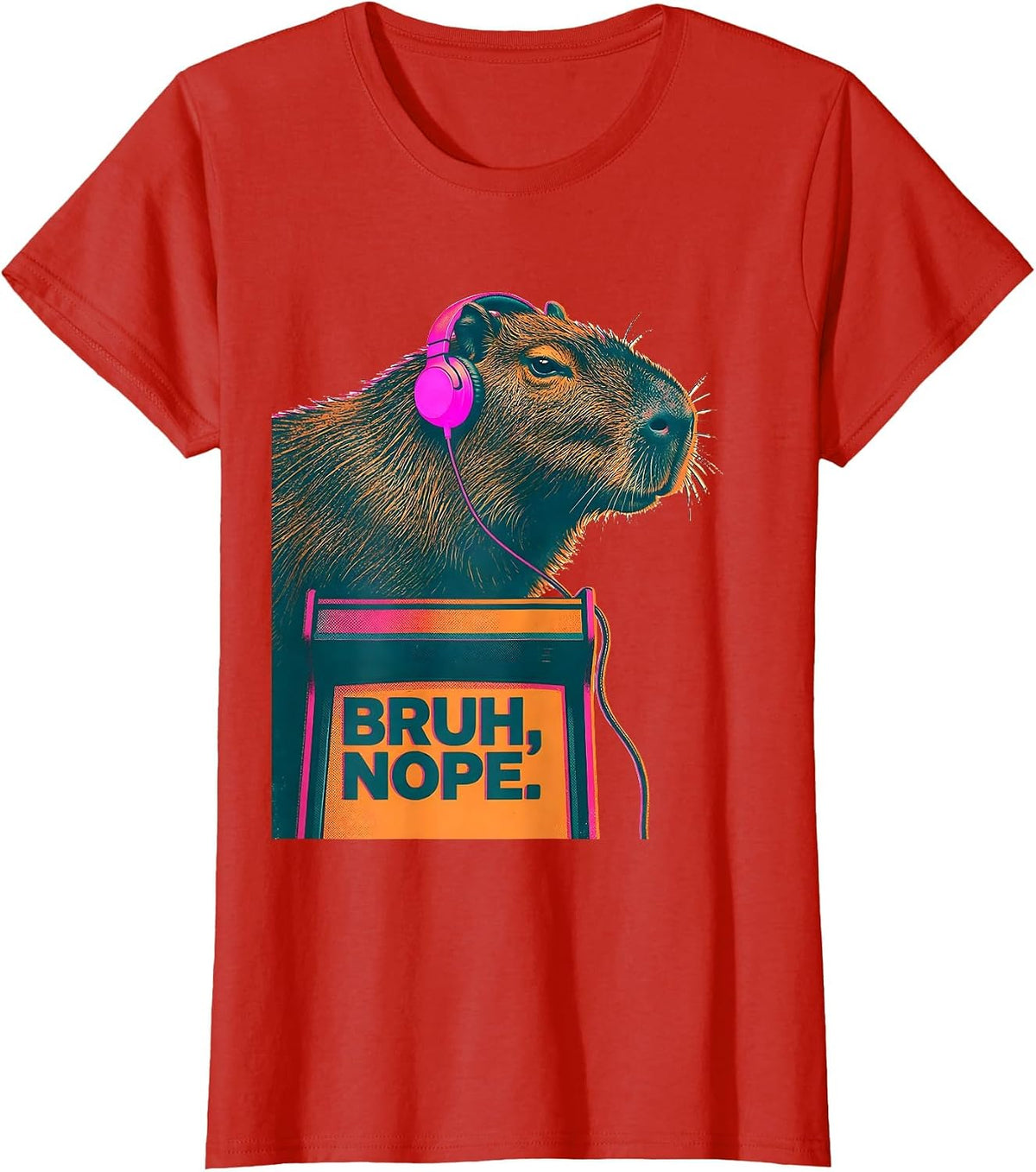 Women's Bruh Nope Risograph Capybara Gamer Meme Humor T-Shirt - Red