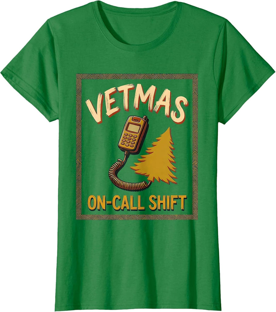 Women's Vetmas On-Call Shift Funny Veterinarian Christmas Vet Tech T-Shirt - Kelly Green