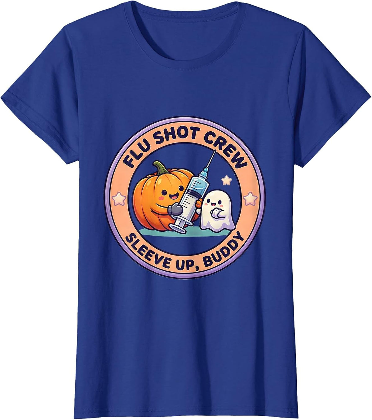 Women's Flu Shot Crew Sleeve Up Buddy Cute Kawaii Halloween Nurse T-Shirt - Royal Blue
